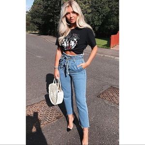 Tie Waist Mom Jeans Paperbag Denim Pants